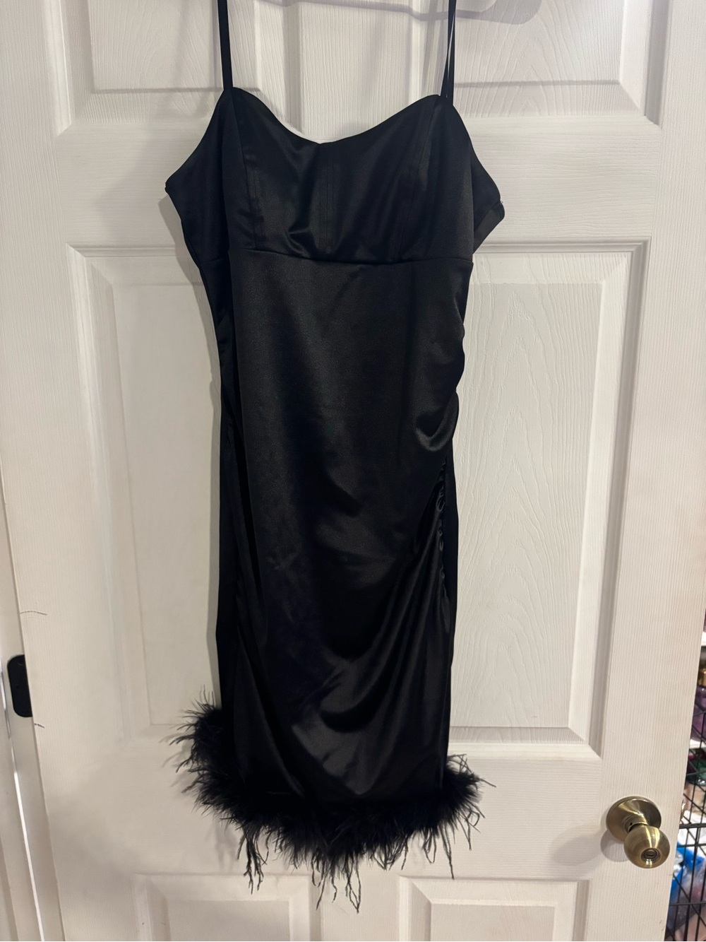 Honey and Rosie Black Satin Mini Dress with Feather Trim